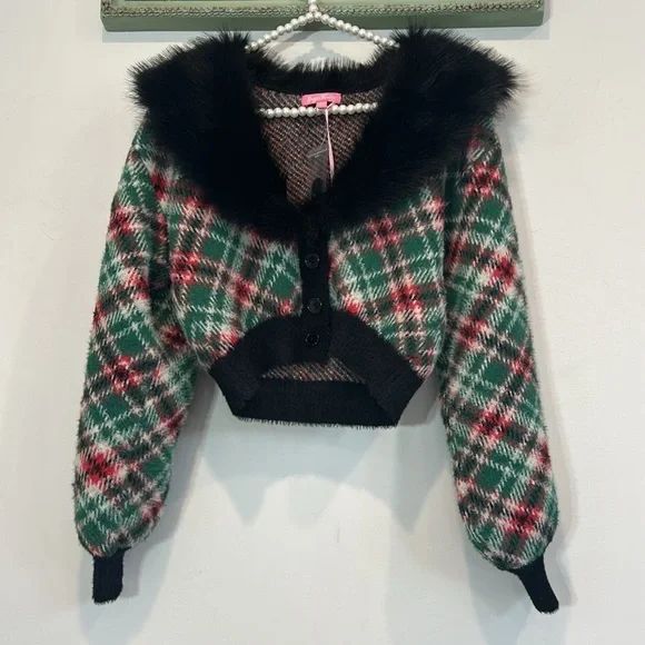 Sugar Thrillz Holiday Party Cardigan Sweater faux fur trim new size xs women’s - Picture 2 of 4
